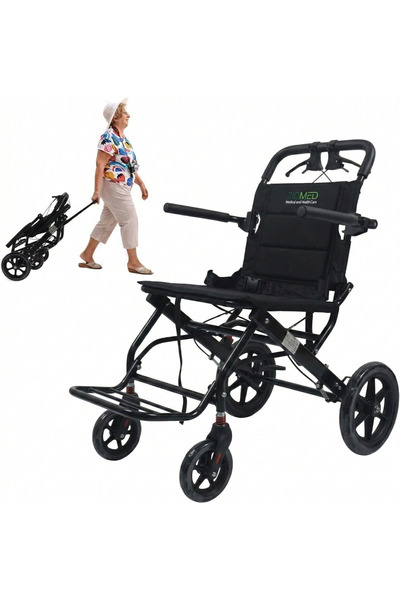 zidmed كرسي متحرك فولاذي محمول قابل للطي بزر واحد – عجلات 8 بوصة – وزن خفيف