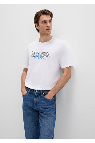 Mavi Бяла стандартна тениска с принт на Истанбул -067114-620