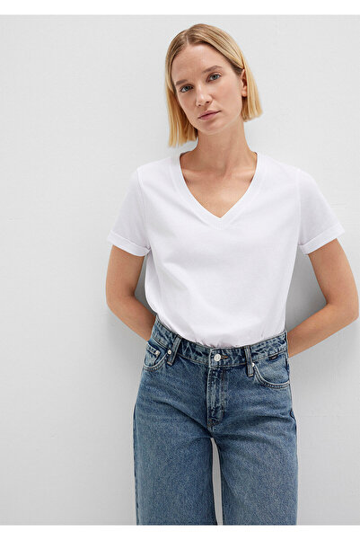 Mavi Weißes Basic-T-Shirt mit V-Ausschnitt, lockere Passform / lockere, entsp...