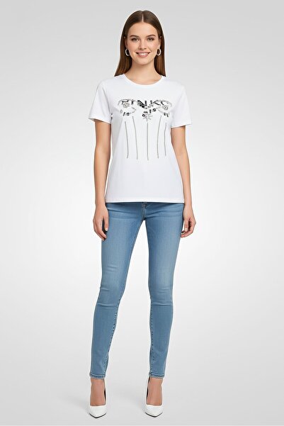 PİNKO تي شيرت نسائي بأكمام قصيرة ورقبة دائرية مزخرفة، أبيض