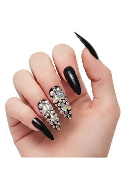 EDA LUXURY BEAUTY 24'lü Siyah Takma Tırnak Seti Lüks Parlak 3d Kristal Taşlı ...