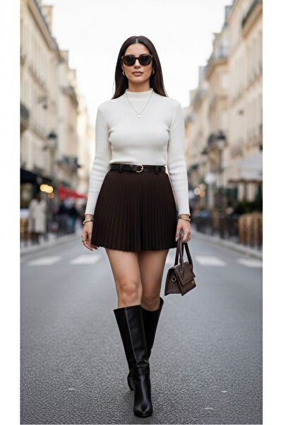 SİBELİZE Pleated Inner Lining Shorts Detailed Short Skirt with Belt - Brown