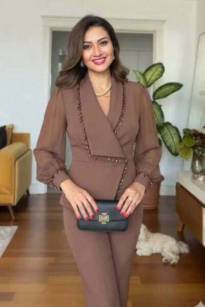 ZISHAN Büyük Beden Siyah Abiye İkili Takım – Şifon Kol & Taş Detaylı Ceketli ...