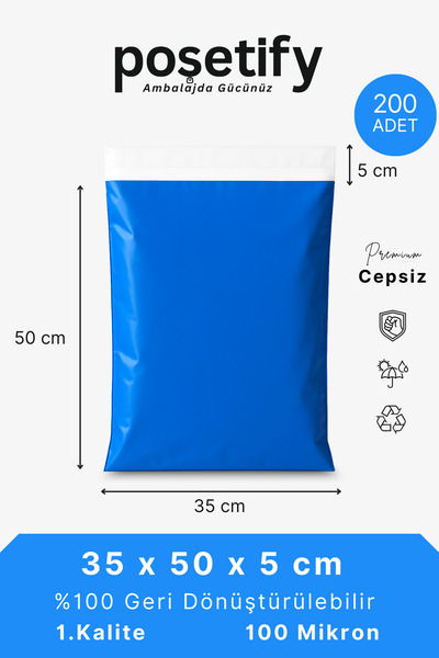 POŞETİFY Cepsiz Kargo Poşeti | 35x50x5 cm | 200 Adet | Mavi | 100 Mikron | Kü...