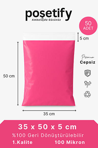 POŞETİFY Cepsiz Kargo Poşeti | 35x50x5 cm | 50 Adet | Pembe | 100 Mikron | Bü...