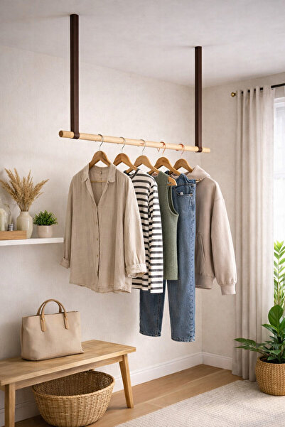 THE SIMPLE STYLE Suni Deri Detaylı Çok Amaçlı Tavan Askısı - 100cm - Kahve