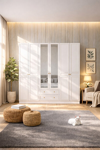 İMBAŞ Asel 6 Kapak 2 Çekmeceli Çıtalı Aynalı Country Gardırop