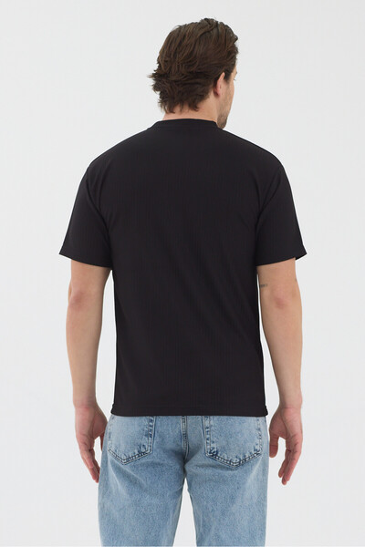 WERRONİ Men's Black Color Jacquard Fabric Self-Dyed Striped Printed Slim Fit T-Shirt