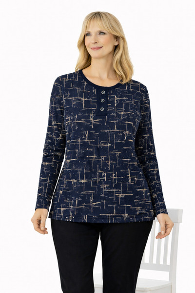 Mutlu City Women's Patterned Round Neck Relaxed Fit Combed Cotton Blouse for ...