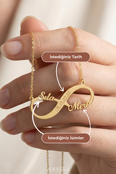ZOLESSA Kadın Kişiye Özel Tarih 2 İsim Sonsuzluk Kolye Gold Rengi 925 Ayar Gü...