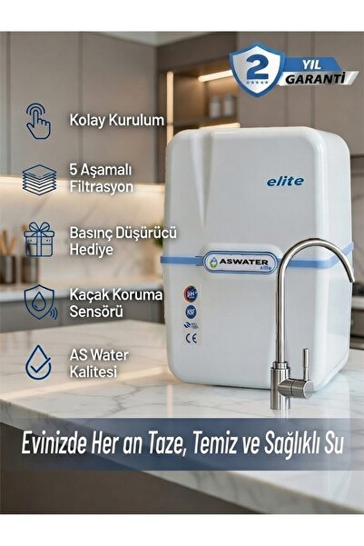 As Water Elite Su Arıtma Cihazı 8 lt Çelik Tanklı 80 GPD Mebranlı Kaçak Korum...