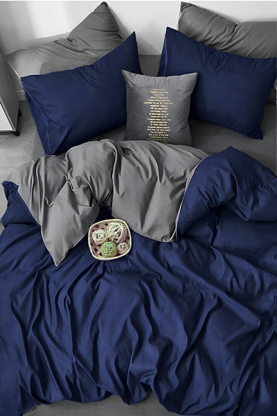 İQON طقم غطاء لحاف ملاءمة مطاطية مقاس فردي أزرق داكن-رمادي