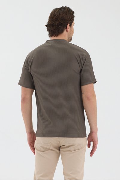 WERRONİ Men's Khaki Color Jacquard Fabric Self-Dyed Striped Printed Slim Fit T-Shirt