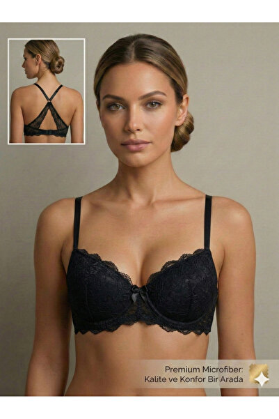 Lavint Homewear Black Padded Bra with Crossed Lace on the Back