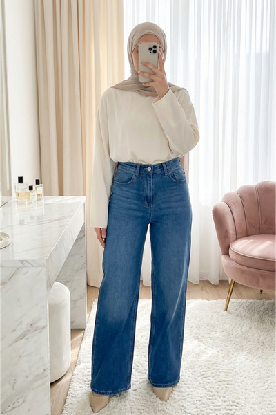 Modamorfo بنطلون جينز بالازو بجيوب وسحاب - أزرق فاتح