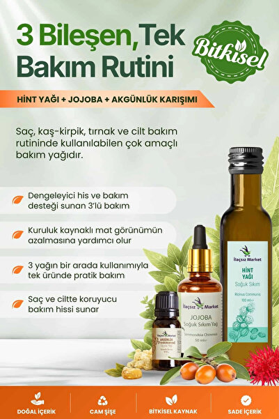 İlaçsız Market 3’lü Sinerji Bakım Seti: Hint Yağı + Jojoba + Akgünlük (%100 S...