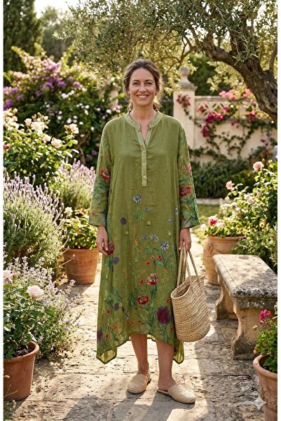 AYASOFYA OTANTIK فستان نسائي إيطالي طويل من الكتان بتصميم زهور برية وياقة مطر...