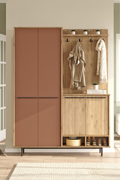 Yurudesign Oasis Portmanto Vestiyer Ayakkabılık Metal Ayaklı Sepet-Kiremit