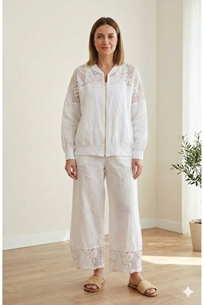 AYASOFYA OTANTIK Women's Italian White Lace Detailed Jacket with Zipper Closu...