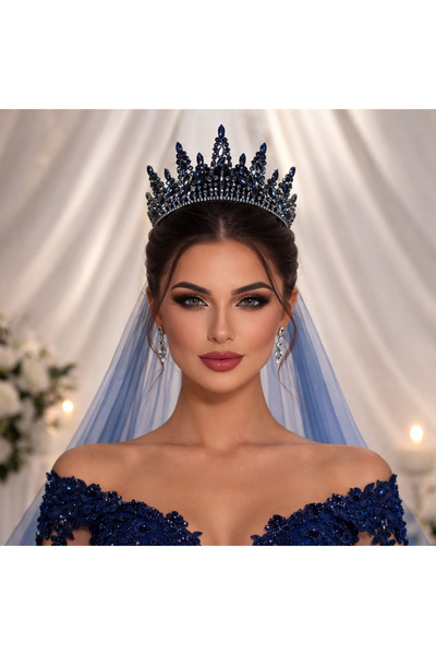 Gold Moda Wedding Gelin Tacı Lacivert Yüksek Kına Tacı