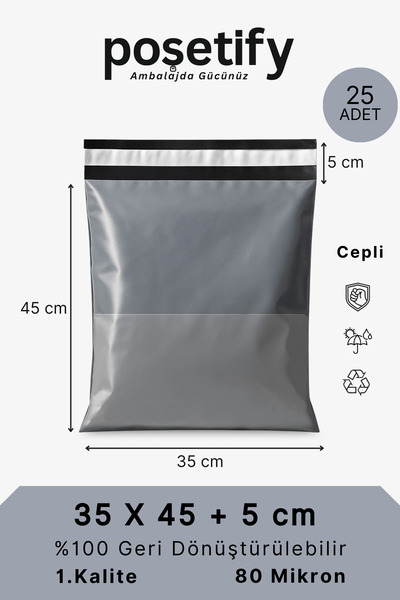 POŞETİFY Cepli Kargo Poşeti | 35x45x5 cm | 25 Adet | Gri | 80 Mikron | Orta Boy
