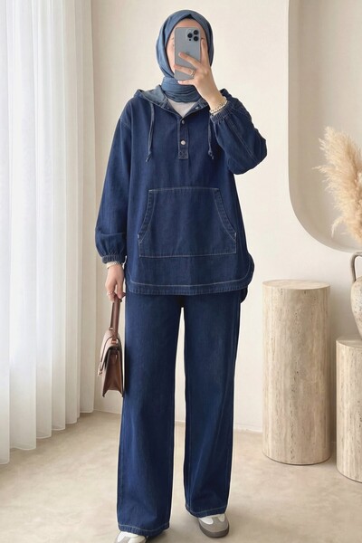 HİJABAYA Με τσέπη καγκουρό Σετ τζιν με κουκούλα και κουμπώματα στο μπροστινό ...