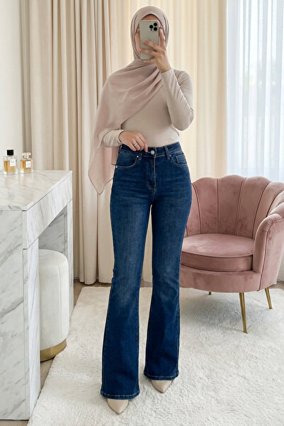 Modamorfo بنطلون جينز بجيوب واسع الأرجل L و قماش قابل للتمدد سحابات - نيلي