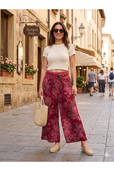 AYASOFYA OTANTIK Γυναικείο ιταλικό λινό παντελόνι με μοτίβο ροζ μπορντό, ελασ...