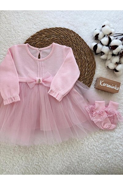 Kereminko Bebek Kız Bebek Mevlütlük Tüllü Taşlı Pembe Elbise | Çorap Hediyeli