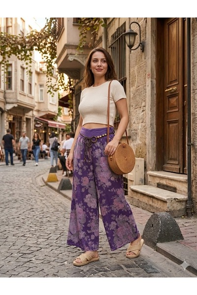 AYASOFYA OTANTIK Γυναικείο ιταλικό παντελόνι από λινό με μωβ τριαντάφυλλο σχέ...