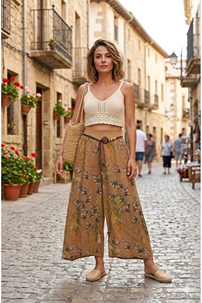 AYASOFYA OTANTIK بنطلون نسائي من الكتان الإيطالي بنمط كابوتشينو استوائي، بخصر...