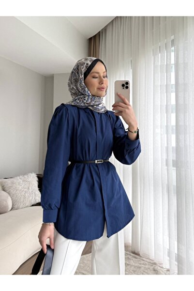 RFK Butik Kadın Omuz Volanlı Gizli Düğmeli Bel Kemerli Gömlek - Lacivert
