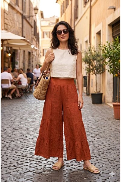 AYASOFYA OTANTIK Pantaloni de damă din in, stil italian, cu talie elastică, m...