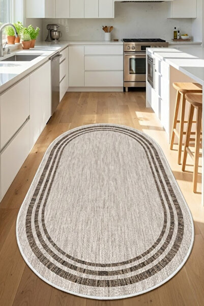 VOPTEKS Oval Bej Halı Mutfak Halısı Makinede Yıkanabilir Halı Kaymaz Taban Halı