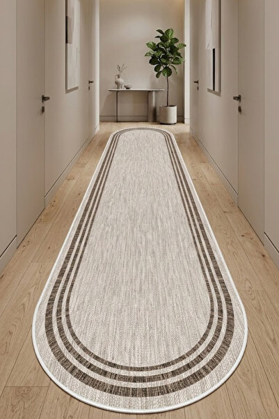 VOPTEKS Oval Bej Halı Yolluk Makinede Yıkanabilir Halı Kaymaz Taban Halı