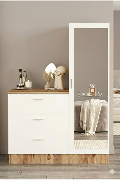 Yurudesign Nancy Aynalı Şifonyer Gardırop Çam-Beyaz