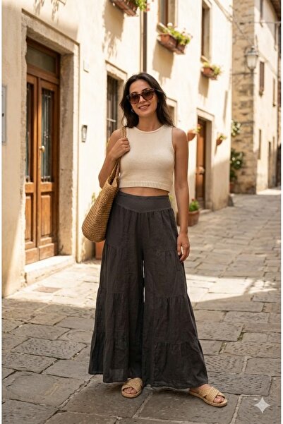 AYASOFYA OTANTIK Γυναικείο ιταλικό λινό παντελόνι σε ανθρακί χρώμα με ελαστικ...