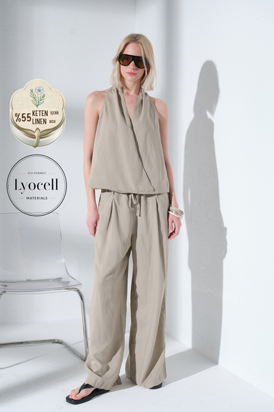 Maule Λινό Lyocell Ελαστικό Παντελόνι με Φαρδιά Μπατζάκια Palazzo Άνετη Εφαρμ...