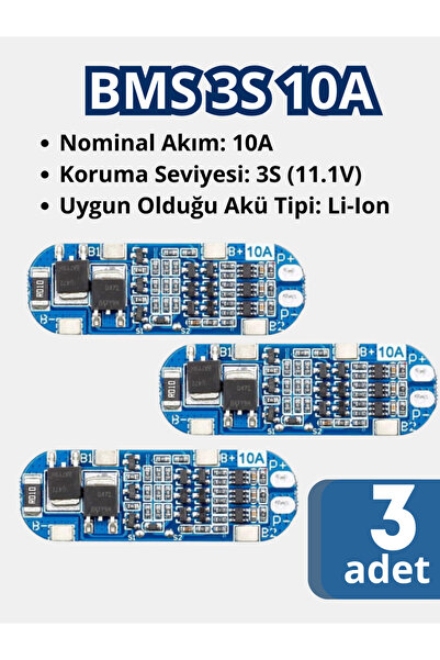 RoboPazar 3-adet BMS 3S 10A Modül – 3 Hücre Li-Ion 18650 İçin (DIY Uyumlu)