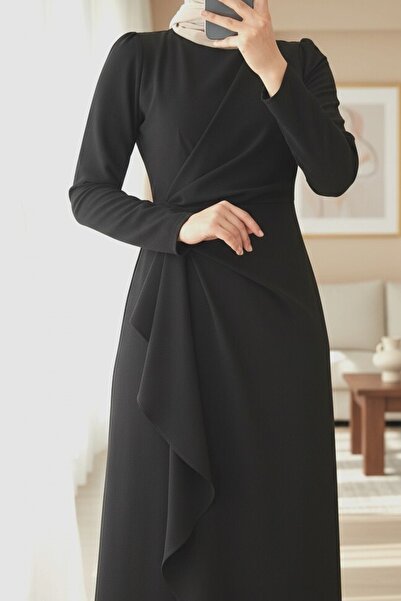 Modamorfo Önü Allerli Eteği Asimetrik Krep Elbise -Siyah