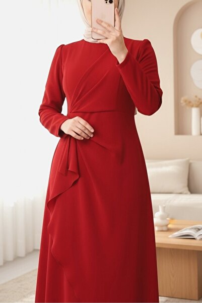 Modamorfo Önü Allerli Eteği Asimetrik Krep Elbise -Bordo