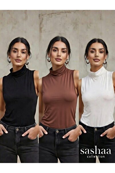 Sashaa Collection Kadın 3'lü Yarım Balıkçı Yaka Badi Likralı Sıfır Kol Kolsuz...