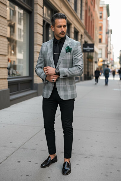 dehaine Sacou pentru barbati, slim fit, in carouri, 11811, verde