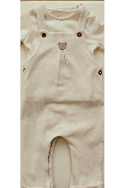 Tongs Baby Unisex Cream Teddy Bear Figured Wooden Buttoned Corded Fabric Viscose Salopet Jumpsuit 2-Piece