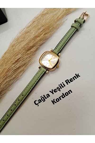 QUARTZ Retro Minimal Kadın Kol Saati Çağla Yeşili Renk Gold Kasa