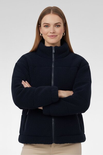 French Connection Women Textured Faux Fur Jacket, Navy