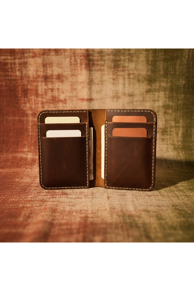 Minimalim Leather Craft Hakiki Deri El Yapımı Dikey Katlanabilir Kartlık Cüzdan