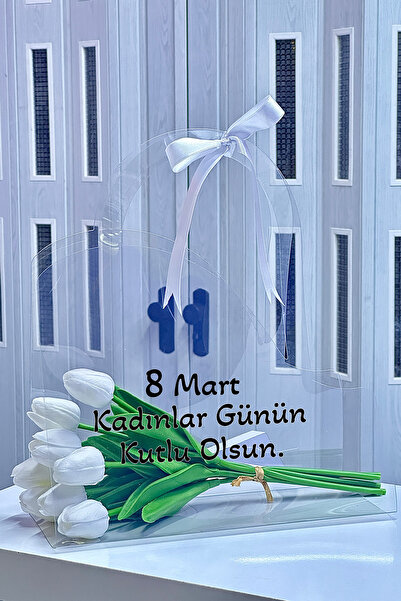 Zemtigo Yazılı Çantalı Islak Lale Buketi Yapay Çiçek Beyaz Lale Sevgiliye Hed...