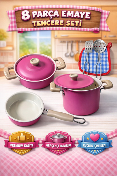 YILDIRIM OYUNCAK طقم أواني طهي مطلية بالمينا باللون الوردي مكون من 8 قطع - طق...