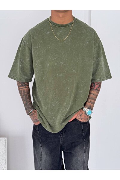 İLKCET MODA Λεπτομέρεια πλύσης Oversize Unisex χτενισμένο βαμβακερό μπλουζάκι